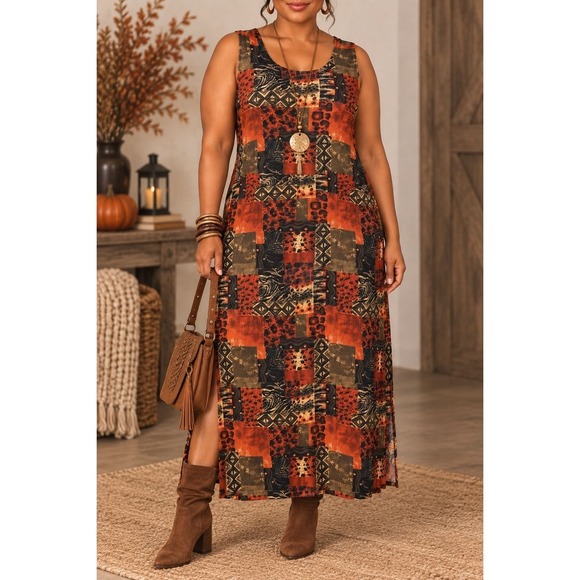 Dresses & Skirts - L 100 Vintage Animal Print Patchwork Maxi Dress Boho Safari Tribal Sleeveless